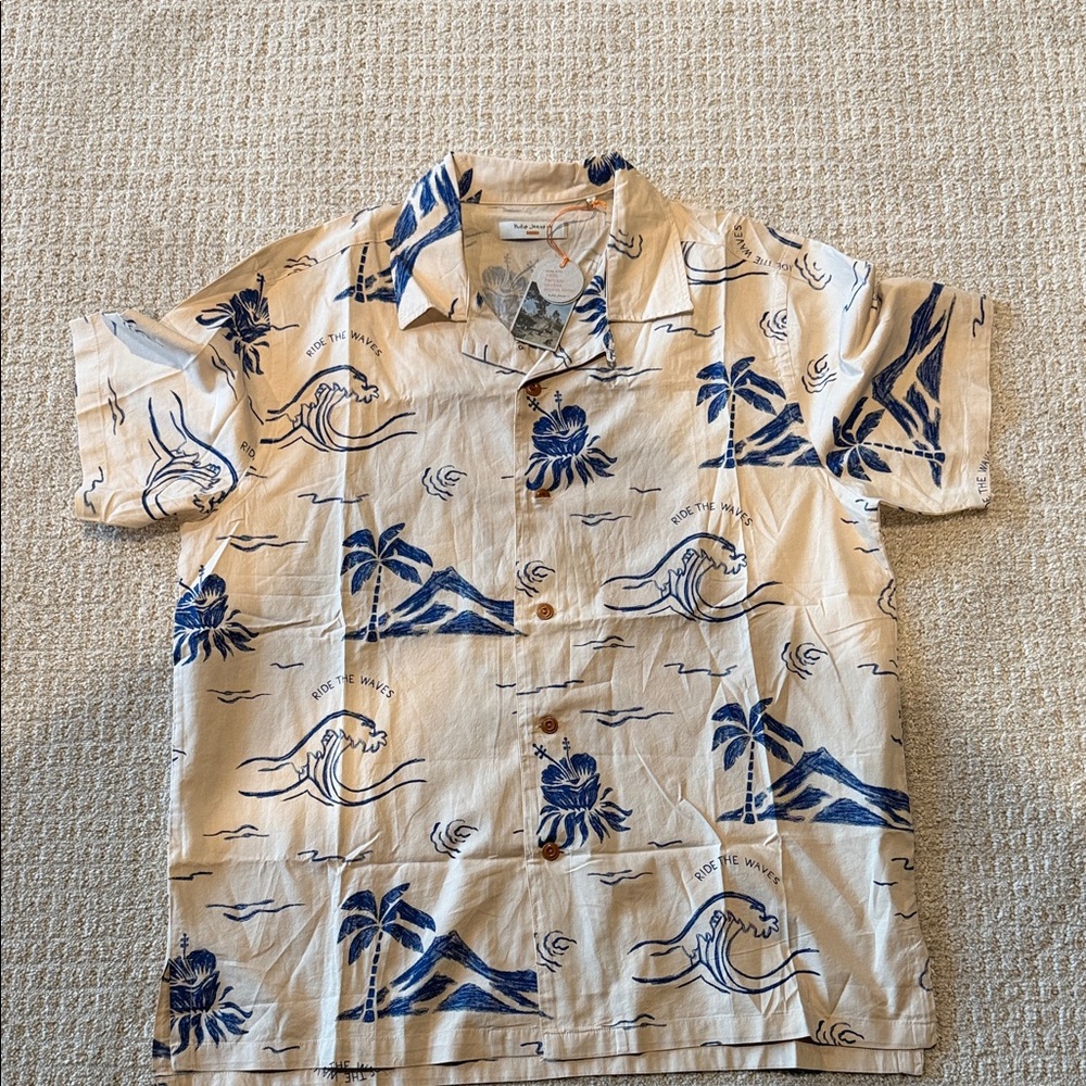 Nudie Jeans Beige and Navy Campus Collar shirt